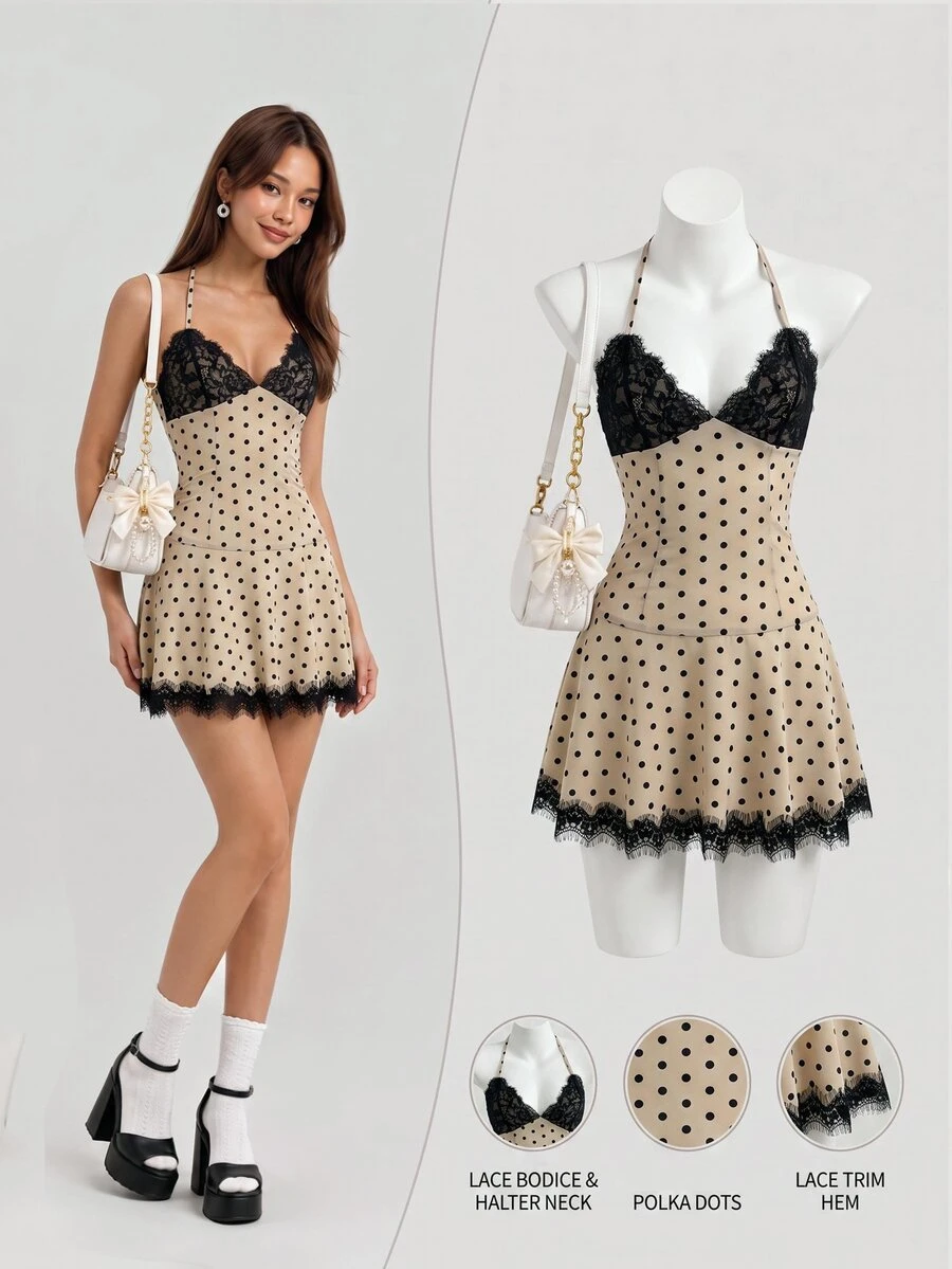 Elamini Women's Autumn/Winter Apricot Polka Dot Print Lace Patchwork Mini Dress, V-Neck Halter Tie Back Open Back Ruffle Hem Slim Fit A-Line Vintage Preppy Elegant Cute Romantic Casual Daily Outing Date Versatile - Apricot - View 1