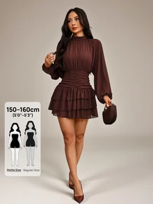 SHEIN PETITE Women's Elegant Solid Color Waist-Cinching Ruffle Hem Mini Dress - Chocolate Brown - View 6