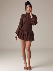 SHEIN PETITE Women's Elegant Solid Color Waist-Cinching Ruffle Hem Mini Dress - Chocolate Brown - View 1