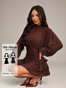 SHEIN PETITE Women's Elegant Solid Color Waist-Cinching Ruffle Hem Mini Dress - Chocolate Brown - View 3