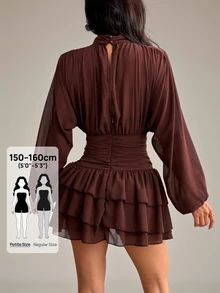 SHEIN PETITE Women's Elegant Solid Color Waist-Cinching Ruffle Hem Mini Dress - Chocolate Brown - View 5
