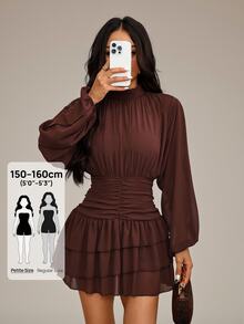 SHEIN PETITE Women's Elegant Solid Color Waist-Cinching Ruffle Hem Mini Dress - Chocolate Brown - View 7