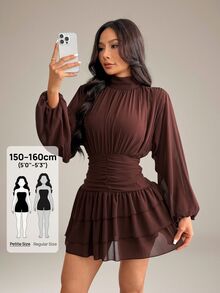 SHEIN PETITE Women's Elegant Solid Color Waist-Cinching Ruffle Hem Mini Dress - Chocolate Brown - View 2