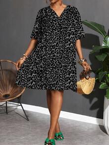 Slaydiva Plus Size Women's Summer Leopard Print V-Neck Loose Casual Versatile Short Sleeve Dress - Multicolor - View 7