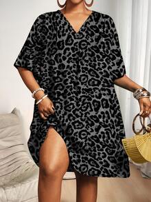 Slaydiva Plus Size Women's Summer Leopard Print V-Neck Loose Casual Versatile Short Sleeve Dress - Multicolor - View 8