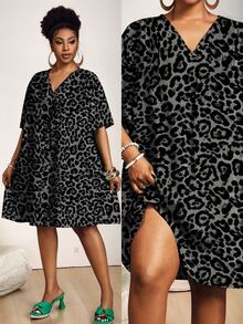 Slaydiva Plus Size Women's Summer Leopard Print V-Neck Loose Casual Versatile Short Sleeve Dress - Multicolor - View 1