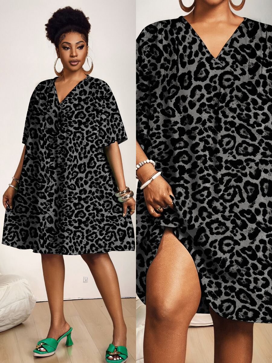 Slaydiva Plus Size Women's Summer Leopard Print V-Neck Loose Casual Versatile Short Sleeve Dress - Multicolor - View 1