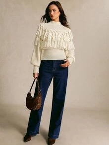 CielaLinda Mock Neck Fringe Trim Lantern Sleeve Sweater - Apricot - View 5
