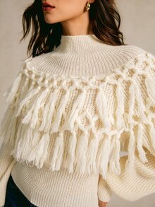 CielaLinda Mock Neck Fringe Trim Lantern Sleeve Sweater - Apricot - View 4