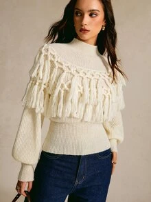 CielaLinda Mock Neck Fringe Trim Lantern Sleeve Sweater - Apricot - View 6