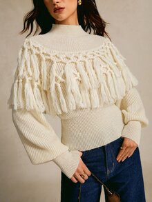 CielaLinda Mock Neck Fringe Trim Lantern Sleeve Sweater - Apricot - View 7
