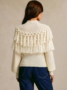 CielaLinda Mock Neck Fringe Trim Lantern Sleeve Sweater - Apricot - View 2