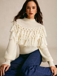 CielaLinda Mock Neck Fringe Trim Lantern Sleeve Sweater - Apricot - View 1