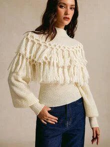 CielaLinda Mock Neck Fringe Trim Lantern Sleeve Sweater - Apricot - View 3