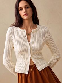 Willow Rêve Women's Off White Fitted Jacquard Knit Cardigan Sweater With V Neck, Button Front And Ribbon Detail, Autumn Sweet Romantic Office Brunch Top - Beige - View 1