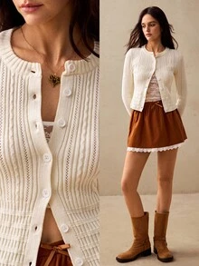 Willow Rêve Women's Off White Fitted Jacquard Knit Cardigan Sweater With V Neck, Button Front And Ribbon Detail, Autumn Sweet Romantic Office Brunch Top - Beige - View 6