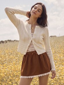 Willow Rêve Women's Off White Fitted Jacquard Knit Cardigan Sweater With V Neck, Button Front And Ribbon Detail, Autumn Sweet Romantic Office Brunch Top - Beige - View 3