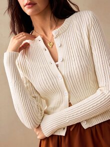 Willow Rêve Women's Off White Fitted Jacquard Knit Cardigan Sweater With V Neck, Button Front And Ribbon Detail, Autumn Sweet Romantic Office Brunch Top - Beige - View 4