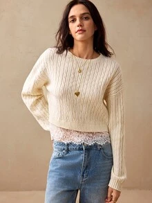 Willow Rêve 女款奶油色蕾絲下擺拼接麻花編織毛衣，甜美風格，休閒風格，浪漫風格，可愛上衣，女款職場上衣，女款優雅上衣，毛衣 - 奶油色 - 查看 5