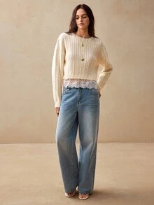 Willow Rêve 女款奶油色蕾絲下擺拼接麻花編織毛衣，甜美風格，休閒風格，浪漫風格，可愛上衣，女款職場上衣，女款優雅上衣，毛衣 - 奶油色 - 查看 4