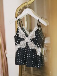 Willow Rêve Women's Black And White Polka Dot Lace Cami Top, Boho Vintage Elegant Style, Sexy Romantic, Valentine's Day, Vacation Brunch Dinner Date Summer - Black and White - View 1