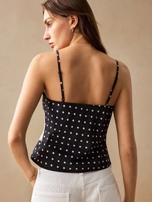 Willow Rêve Women's Black And White Polka Dot Lace Cami Top, Boho Vintage Elegant Style, Sexy Romantic, Valentine's Day, Vacation Brunch Dinner Date Summer - Black and White - View 3
