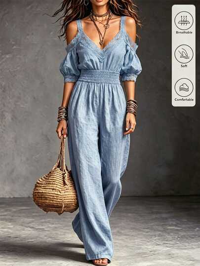 LUMIGAL Women's Fashion Design Waist-Cinching Lace Sexy Breezy Tropical Off-Shoulder Jumpsuit Vacation Beach Light Blue Summer
