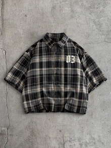 AXEPEAK Men's Summer Casual Plaid & Letter Print Shirt - Black and White - View 2