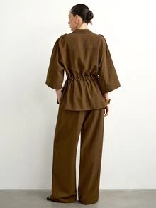 Aalyst Women's Shirt Collar Button-Up Drawstring Bowknot Cinched Waist 3/4 Sleeve Coffee Brown Blouse + Elastic Straight Leg Pants French Vintage Summer Set - Coffee Brown - View 3