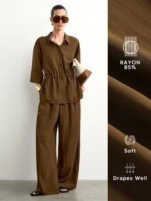 Aalyst Women's Shirt Collar Button-Up Drawstring Bowknot Cinched Waist 3/4 Sleeve Coffee Brown Blouse + Elastic Straight Leg Pants French Vintage Summer Set - Coffee Brown - View 6