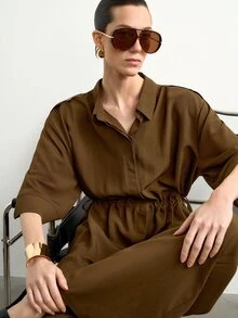 Aalyst Women's Shirt Collar Button-Up Drawstring Bowknot Cinched Waist 3/4 Sleeve Coffee Brown Blouse + Elastic Straight Leg Pants French Vintage Summer Set - Coffee Brown - View 7