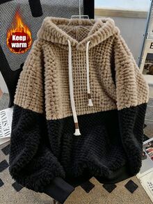 Elenzga 2025秋冬休閒慵懶日常穿著 高端設計拼接撞色連帽羊羔絨加厚寬鬆長袖衛衣 百搭款 - 彩色 - 查看 4