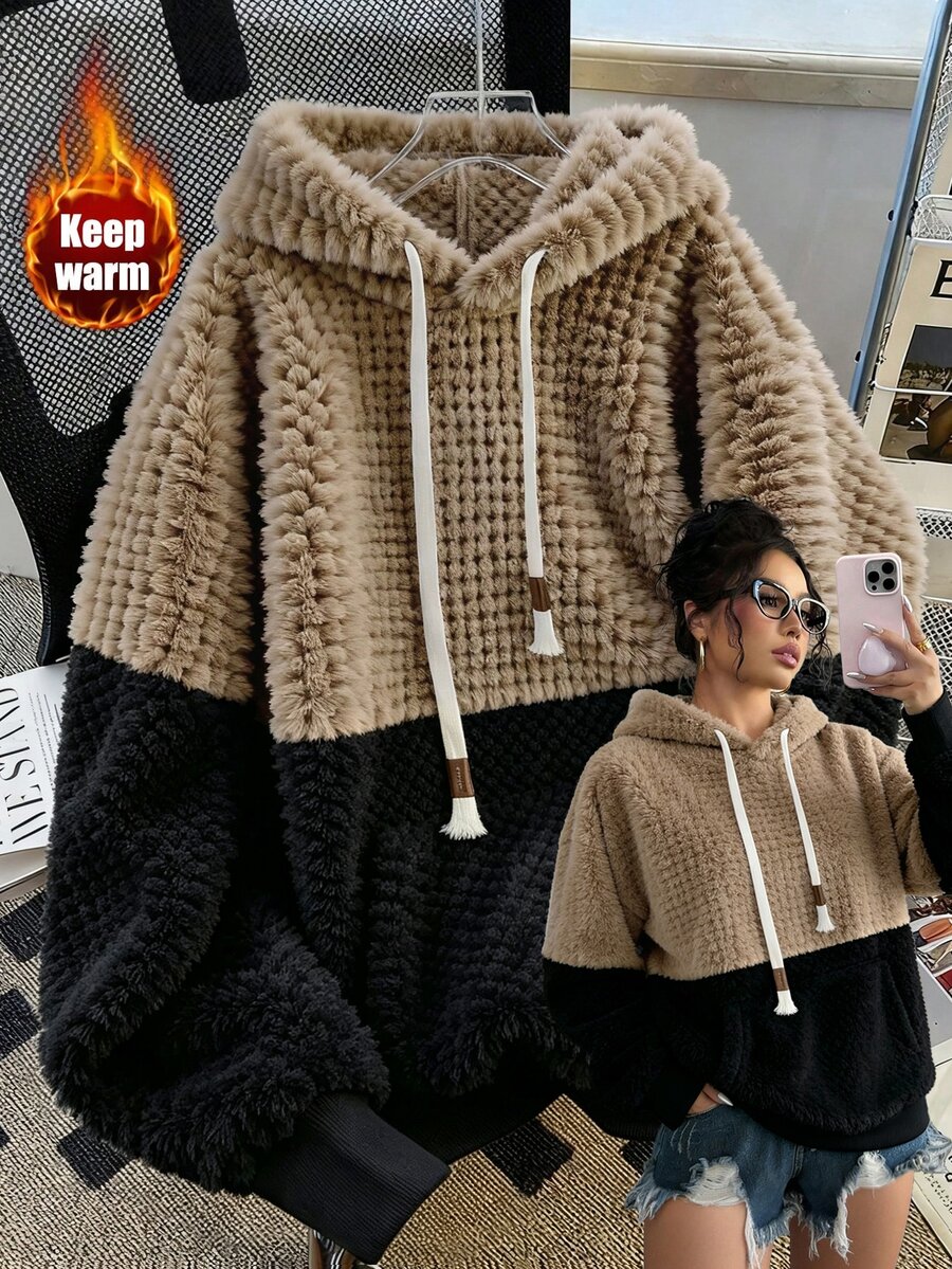 Elenzga 2025秋冬休閒慵懶日常穿著 高端設計拼接撞色連帽羊羔絨加厚寬鬆長袖衛衣 百搭款 - 彩色 - 查看 1