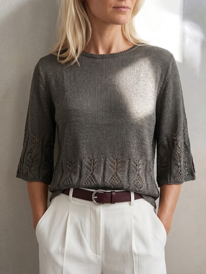 Sprig & Strand Atasan Sweater Rajut Wanita Warna Hijau Longgar Berongga untuk Musim Semi/Panas