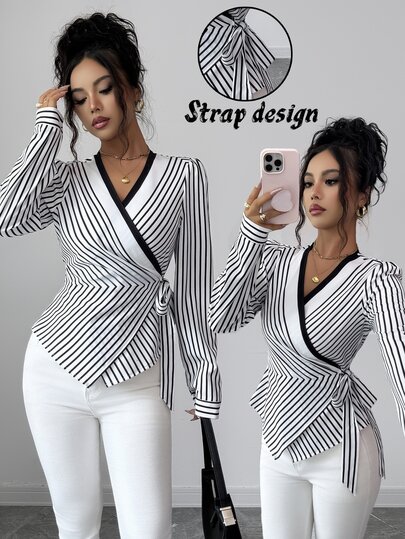 Elenzga French Elegant Casual V-Neck Digital Print Geometric Line Pattern Long Sleeve Asymmetrical Hem Waist Tie Bow Blouse Suitable For Office Brunch Autumn
