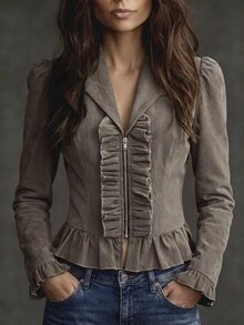 SHEIN Jaket Berenda Gaya Vintage Musim Gugur - Hijau Tentara - View 3