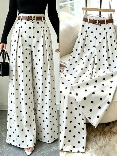 SHEIN Elenzya Calça Longa Feminina Casual Versátil de Cintura Média com Pregas, Perna Larga e Poá Grande em Bottom Bege Fresco
