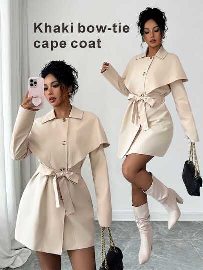 Elenzga Women's Khaki Lapel Tie Waist Cape Trench Coat, Autumn New French Elegant High-End Commute Slimming Thin Jacket