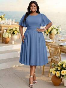 Fleurora Plus Size Women Solid Color Round Neck Ruffle Short Sleeve Elegant Ninang Dress Wedding Evening Formal Mother Of The Bride Guest Dusty Blue Summer - Dusty Blue - View 4