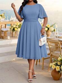 Fleurora Plus Size Women Solid Color Round Neck Ruffle Short Sleeve Elegant Ninang Dress Wedding Evening Formal Mother Of The Bride Guest Dusty Blue Summer - Dusty Blue - View 5