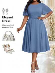 Fleurora Plus Size Women Solid Color Round Neck Ruffle Short Sleeve Elegant Ninang Dress Wedding Evening Formal Mother Of The Bride Guest Dusty Blue Summer - Dusty Blue - View 1