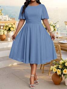 Fleurora Plus Size Women Solid Color Round Neck Ruffle Short Sleeve Elegant Ninang Dress Wedding Evening Formal Mother Of The Bride Guest Dusty Blue Summer - Dusty Blue - View 3