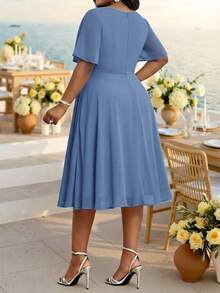 Fleurora Plus Size Women Solid Color Round Neck Ruffle Short Sleeve Elegant Ninang Dress Wedding Evening Formal Mother Of The Bride Guest Dusty Blue Summer - Dusty Blue - View 2