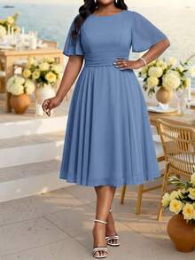 Fleurora Plus Size Women Solid Color Round Neck Ruffle Short Sleeve Elegant Ninang Dress Wedding Evening Formal Mother Of The Bride Guest Dusty Blue Summer - Dusty Blue - View 7
