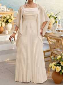 Fleurora Plus Size Women's Solid Color Pleated Casual Flapper 1920s Formal Elegant Party Evening Dinner Mother Of The Bride Wedding Guest Dress Beige Autumn - Apricot - View 3