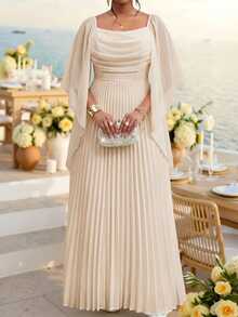 Fleurora Plus Size Women's Solid Color Pleated Casual Flapper 1920s Formal Elegant Party Evening Dinner Mother Of The Bride Wedding Guest Dress Beige Autumn - Apricot - View 6