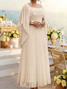 Fleurora Plus Size Women's Solid Color Pleated Casual Flapper 1920s Formal Elegant Party Evening Dinner Mother Of The Bride Wedding Guest Dress Beige Autumn - Apricot - View 4
