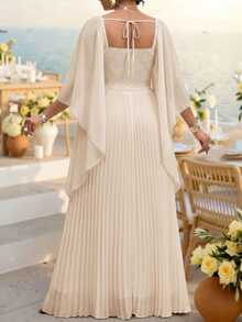 Fleurora Plus Size Women's Solid Color Pleated Casual Flapper 1920s Formal Elegant Party Evening Dinner Mother Of The Bride Wedding Guest Dress Beige Autumn - Apricot - View 2