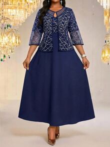Fleurora Women's Plus Size Short Sleeve Textured Pattern Print Fitted Set Formal Wedding Guest Navy Blue Autumn Elegant Fall - Navy Blue - View 7
