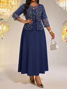 Fleurora Women's Plus Size Short Sleeve Textured Pattern Print Fitted Set Formal Wedding Guest Navy Blue Autumn Elegant Fall - Navy Blue - View 5